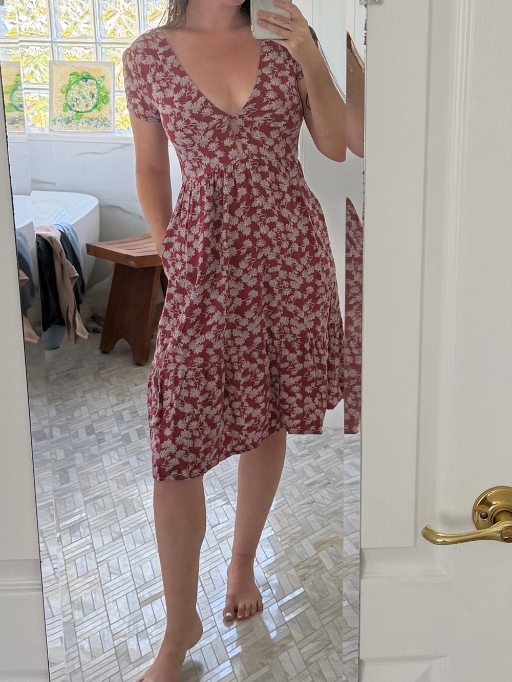 NATURAL LIFE Rose-Red Floral Tie-Waist A-Line Midi Skirt